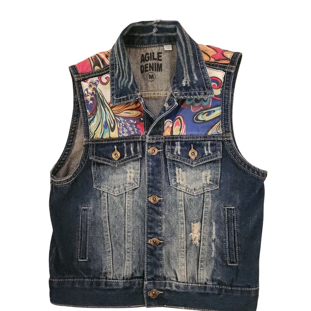 Agile Denim Womens Medium Distressed Jean Vest Colorful Paisley Boho Festival
